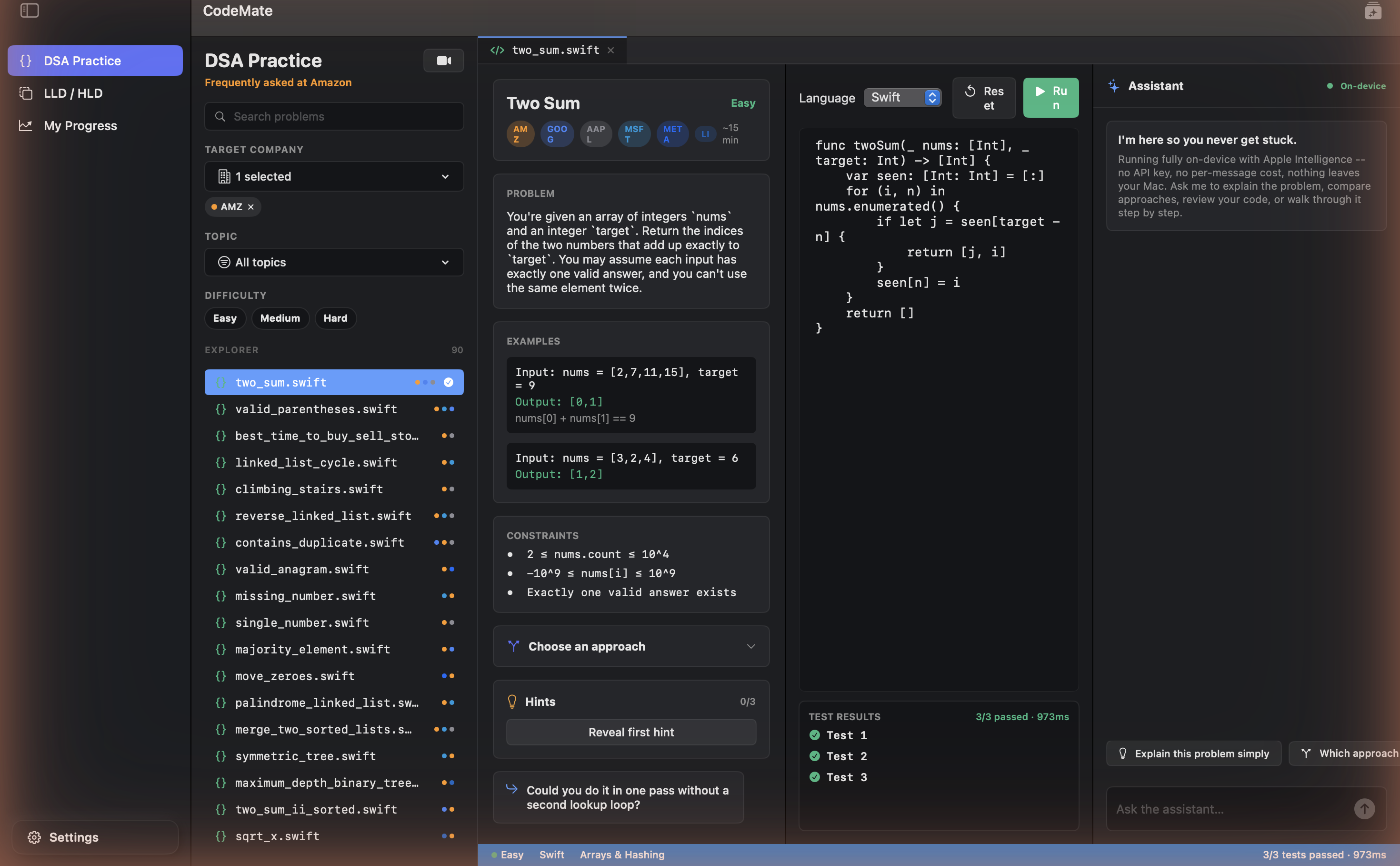 CodeMate's code editor showing the Two Sum problem with three passing tests